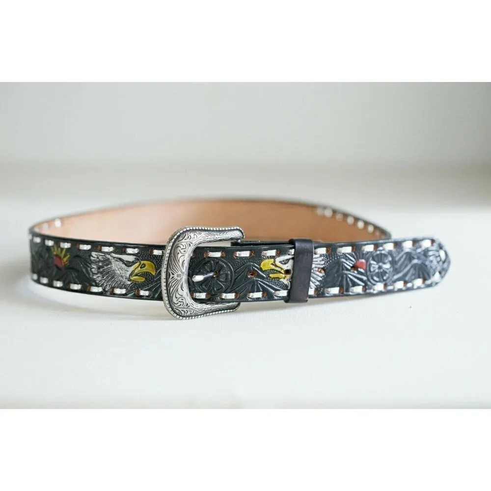 Hand Tooled Painted Bold Eagle Whipstitch Black Leather Belt